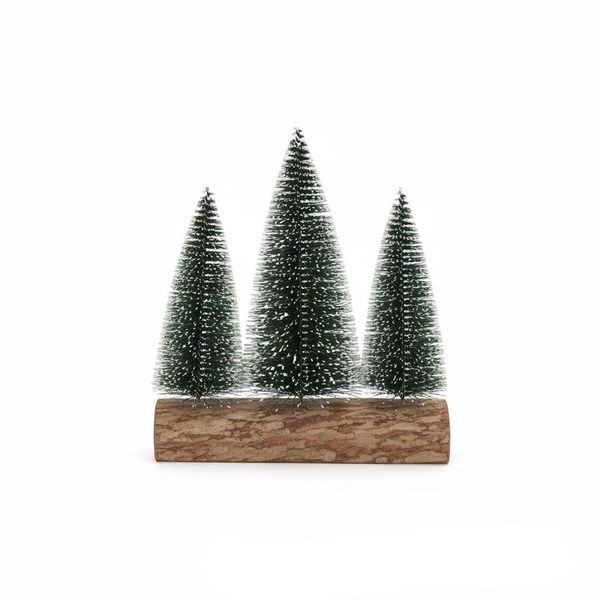 Mini Christmas Tree Trio on Wood Base - Festive Holiday Decor