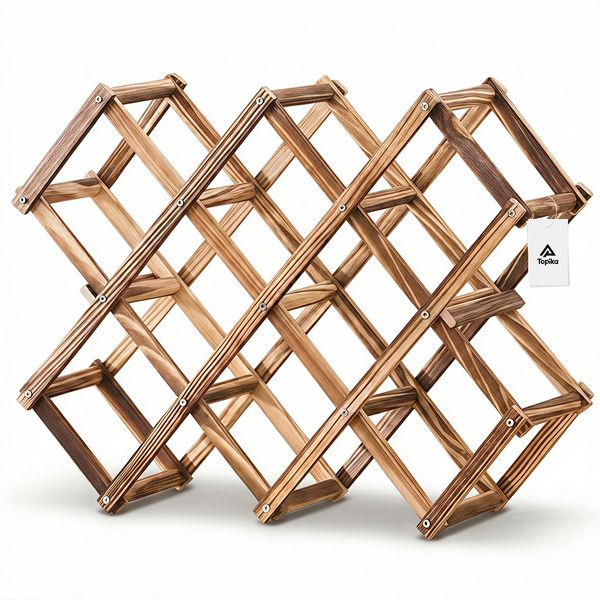Topika Wooden Wine Rack 10 Bottle Countertop Holder, Freestanding Foldable