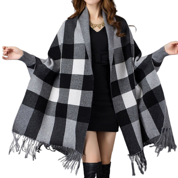 Warm Stripped Poncho Shawl Scarf with Sleeves