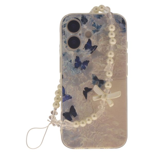 Iridescent Blue Butterfly Phone Case With Pearl Charm Compatible with iPhone 14, 15, 16 series