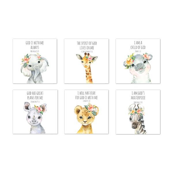 Nursery Wall Art - Safari Animals Bible Flowers - Canvas Memory Block Set 6