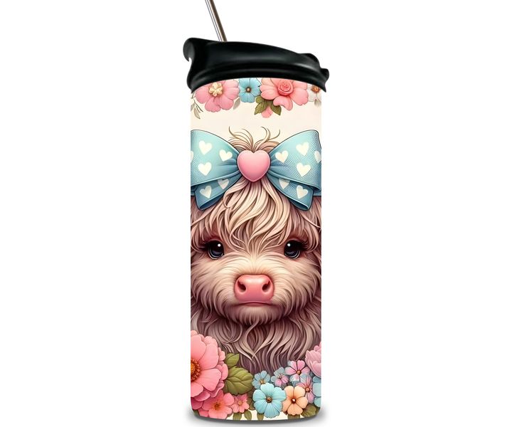 Cow Blue Bow Design Double Wall Stainless Steel 20oz Tumbler. Water Bottle