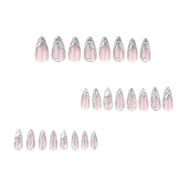 Almond Shaped Silver 3D French Manicure Tips 24 Pieces