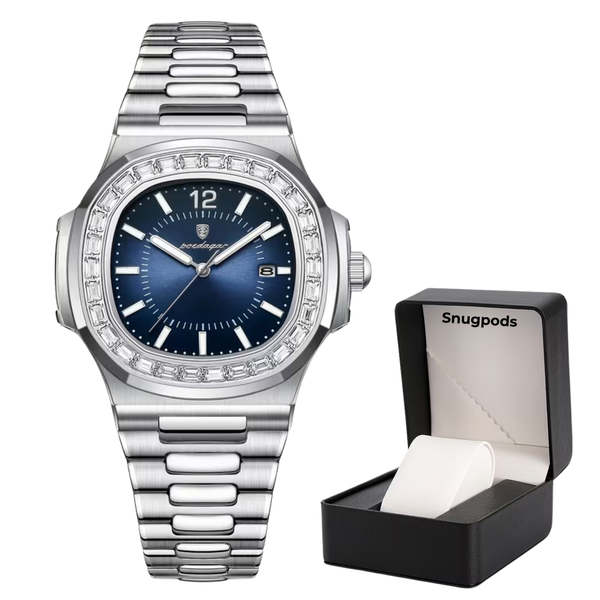 Poedagar Iced Out Men's Watch - Crystal Bezel &amp; Snugpods Luxury Watch Box