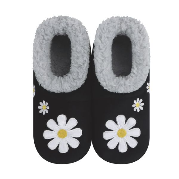Snoozies Women's Fleece Slippers Daisy Black - Soft Non-Skid Sole