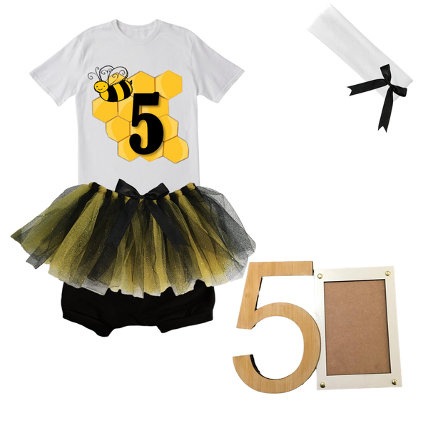 5th Birthday-Bee Tutu Outfit With Headband And Photo Frame / 5
