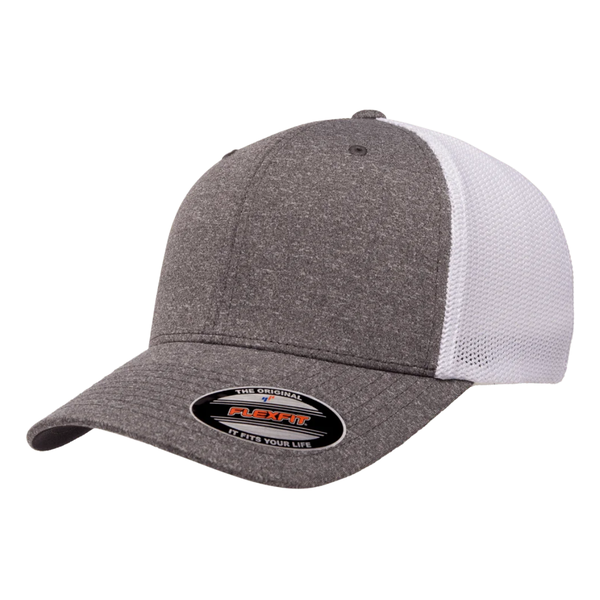 Melange Fitted Flexfit Trucker Cap Dark Heather Grey White Mesh