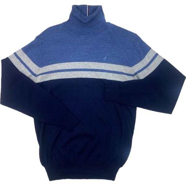 Polo - Mens Blue Striped Roll Neck/Polo Neck