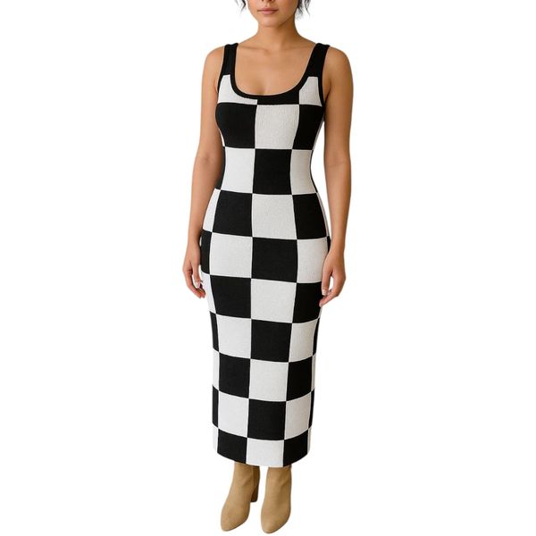 Classic Round Neck Woolen Dress Black/White