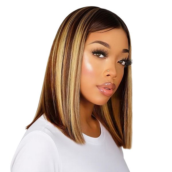 Black In Piano Color Brazilian Highlight Straight Full Frontal Wig 14INCH