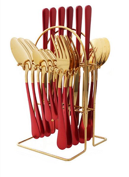 Stainless Steel Cutlery Set Kitchen Tableware Set - Red - 24 Piece
