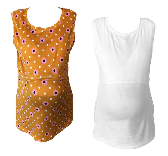 Maternity &amp; Breastfeeding Tank Top- 2 Pack-Mustard Pink Flower &amp; White
