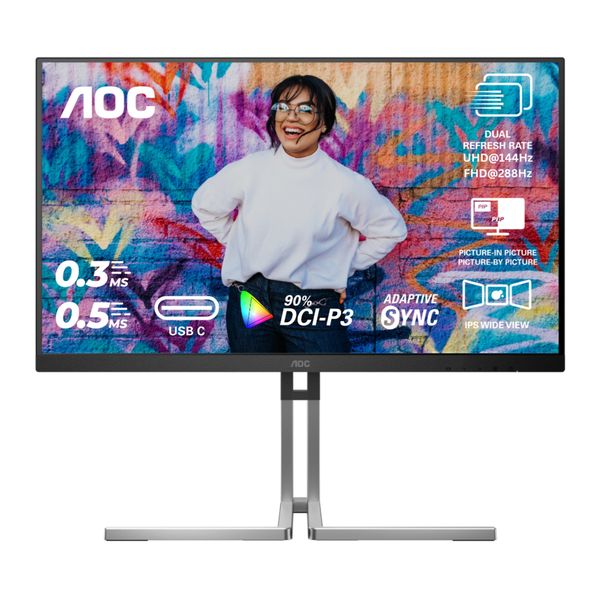 AOC Monitor 27" IPS Dual refresh rate UHD 144hz, FHD 288hz USB-C 90W