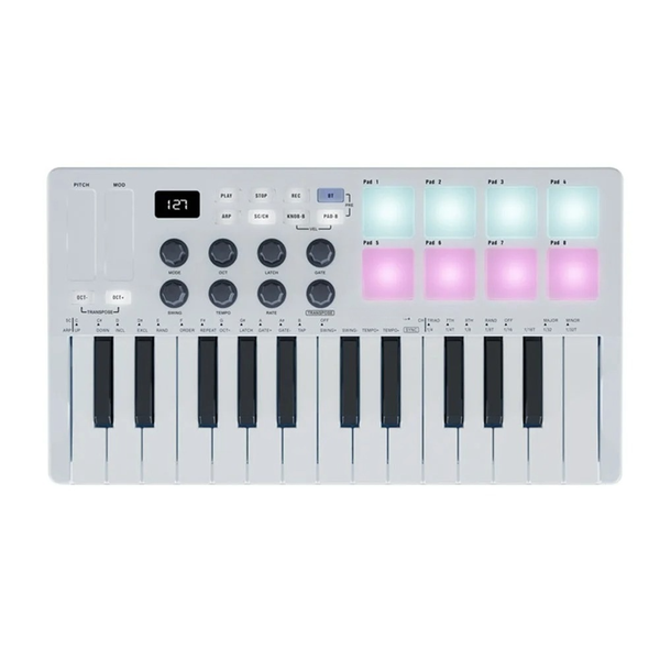 Midi 25-Key Usb Midi Keyboard Controller with 8 Backlit Drum Pads 8 Knobs