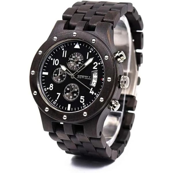 Bewell W109d Chronograph Ebony Wood Watch - Black