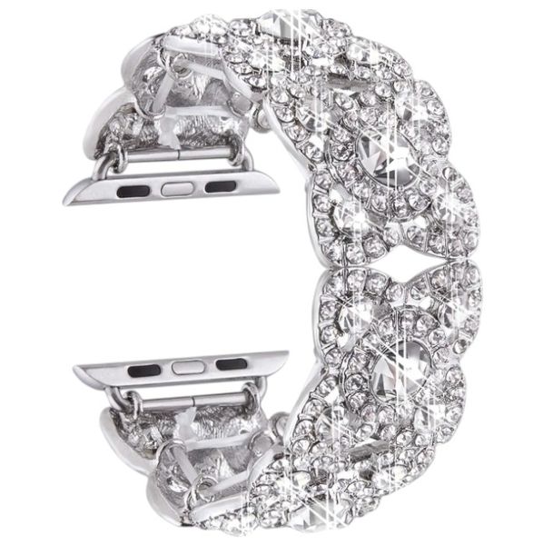 Embedded Diamond Metal Stretch Bracelet with Flower Design - Rose Gold