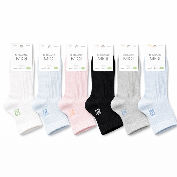 6-Pair Women's Ribbed Cotton-Blend Ankle Socks with Cute Bear Embroidery