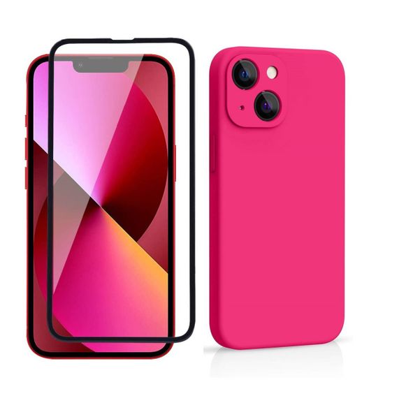 Silicone Phone Case &amp; Screen Protector Combo For Iphone 14 - Neon Pink