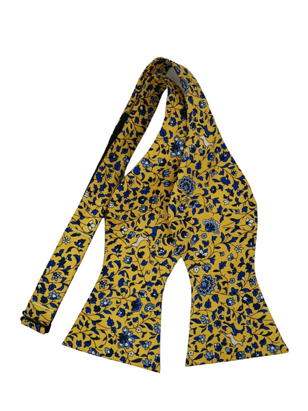100% Silk Premium Bowtie - Yellow/Blue Floral Nature Design