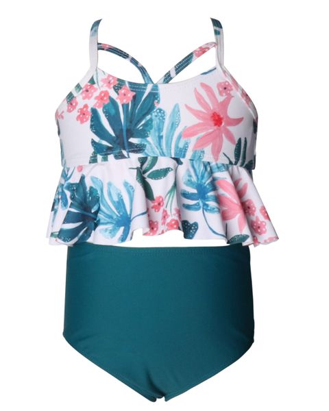 Olive Tree - Girls Ruffled Flounce Bikini Swimsuit - Green