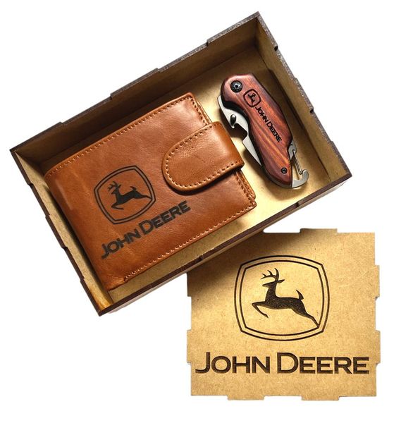 Genuine Leather Men's Wallet and Pocket Knife John Deere Branding