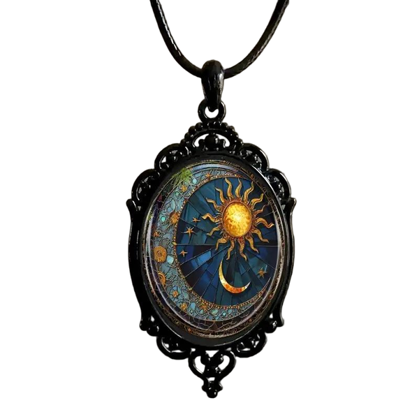 Elegant Oval Glass Pendant - Sun &amp; Moon in Black Frame