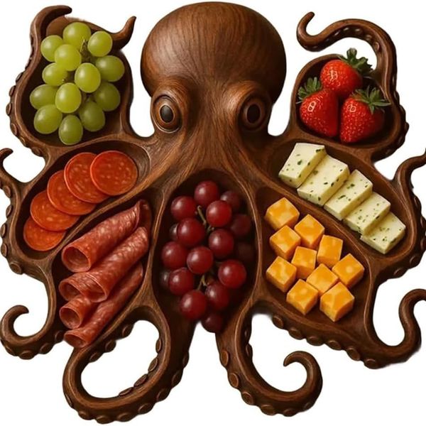 Artisan Kraken Charcuterie Board - Mahogany 8-Section Serving Platter