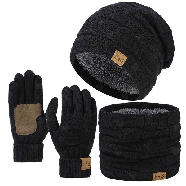 3 Pack Winter Thick Lined Warm Beanie Hat Touch Screen Gloves Neck Warmer