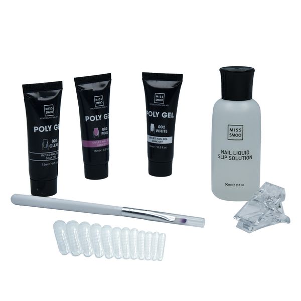 Poly Nail Extension Gel Kit Slip Solution &amp; 3 Colors &amp; Poly Brush &amp; Nail Forms