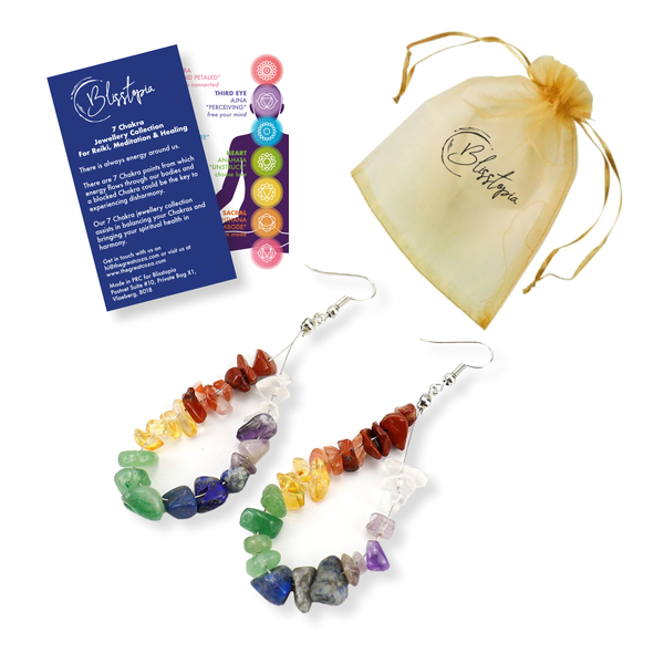 Blisstopia 7 Chakra Earrings with Card &amp; Bag - Water Drop Natural Stones