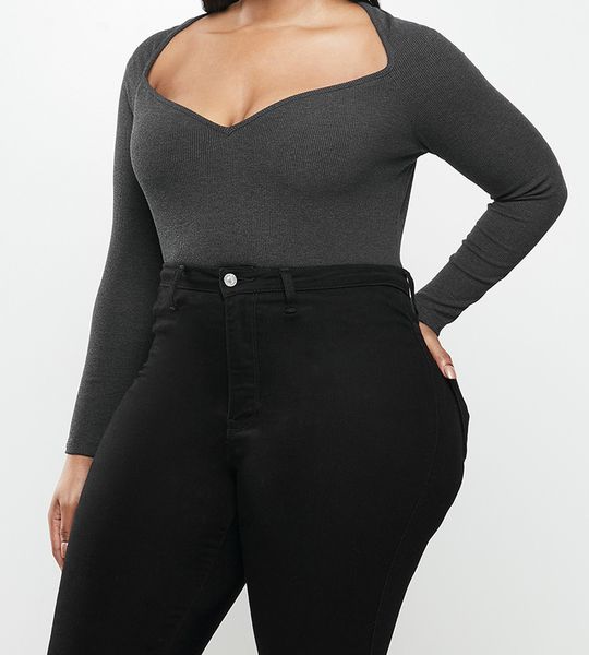 Women's Velvet Rib Knit Sweetheart Long Sleeve Bodysuit-Charcoal Melange