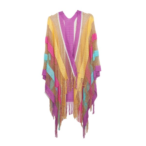 Women's Home Ethnic Style Rainbow Striped Sunscreen Thin Hollow Shawl