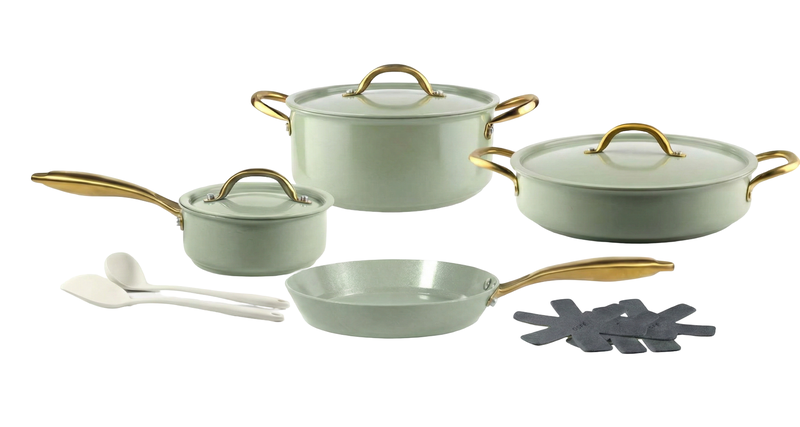 Premium Ceramic Nonstick Cookware Set with Gold Handles - Sage Green