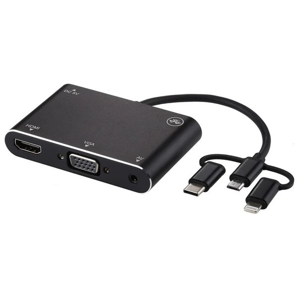 3 in 1 8 Pin + Micro USB + Type-C to AV + HDMI + VGA 15 Pin HD Screen