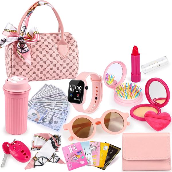 Play Purse for Little Girls, 32 Piece Toddler Purse with Pretend Makeup for Kid