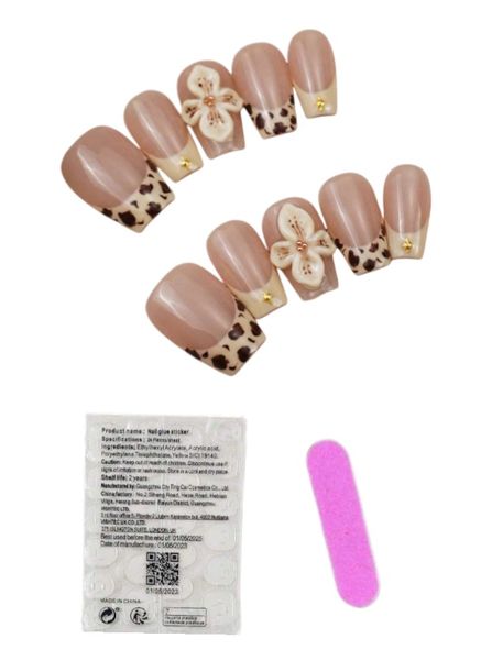 10 Piece - Square-Shaped Press-On Nails with Leopard Tips &amp; 3D Flowers