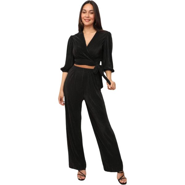 2 Piece Belted Top &amp; Wide Leg Pants Black