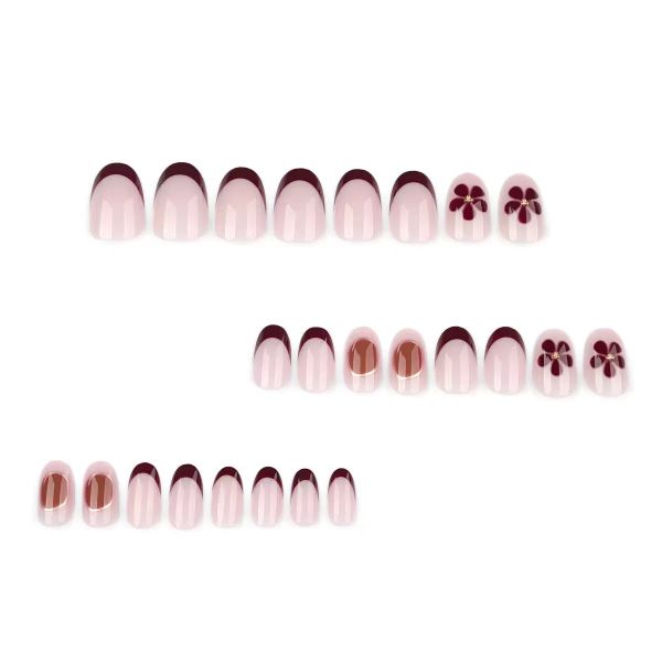 French Short Floral Nail Art, Brown Minimalist False Nail Art