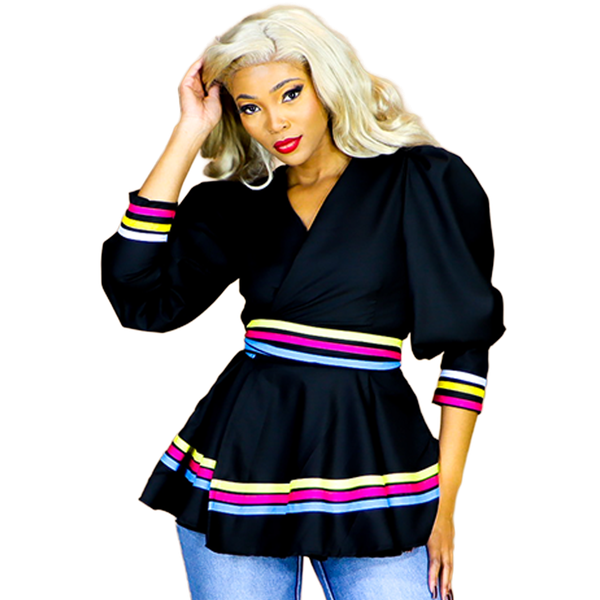 Africa Fashion House Anna-Mo sePedi Bloom Black Wrap Peplum Top