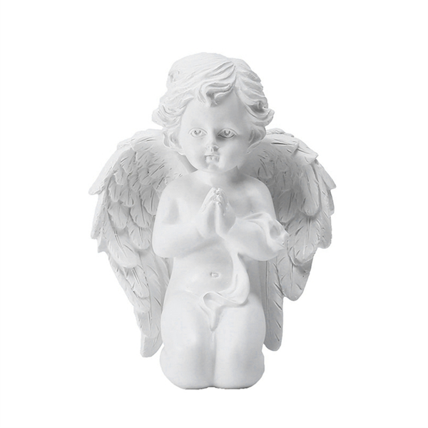 Kneeling Praying Pure White Angel with Wing Resin Garden Statue
