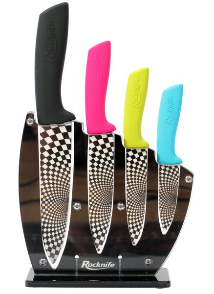 Rocknife Multi-Colored Ceramic Kitchen Knife Set (Includes 4 Knives &amp; Knife Stand) - Black, Pink, Lime Green &amp; Aqua Blue