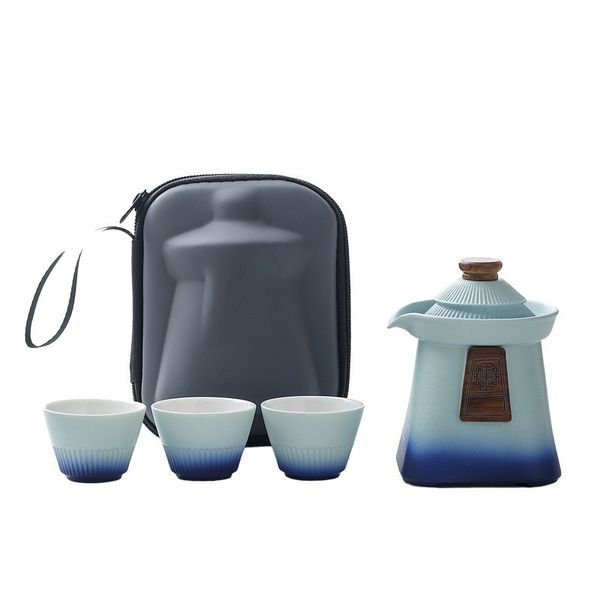 Portable Gradient Ceramic Tea Set | 1 Pot 3 Cups Travel Kit With Carry Bag