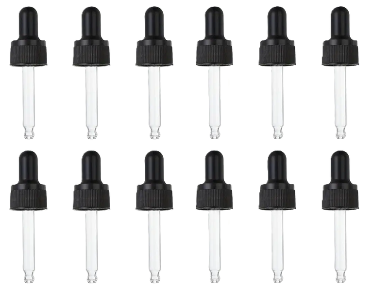 12 x 30ml Amber Bottle Black Pipette Cap Closures