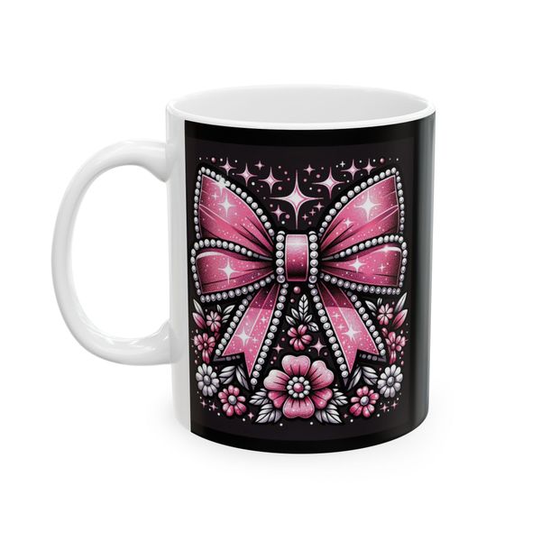 Bow Mug - Pink Bow Flowers And Star Shapes On Black Background