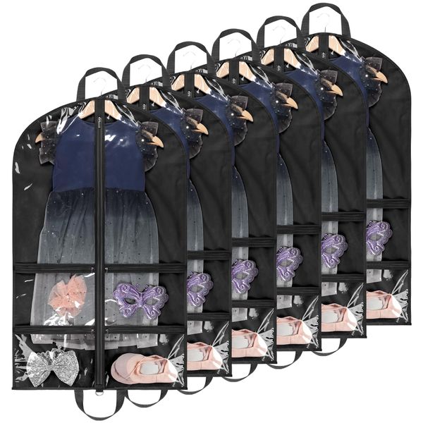 Clear Garment Bags for Dance Costumes with 4 Pockets (40 inch, 6 Pack)