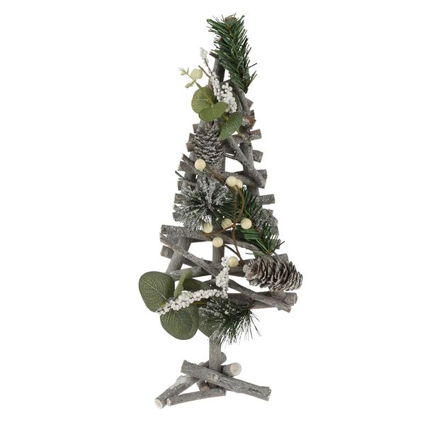 Xmas Tree with White Colour Berries, Wood, and Pine Cones - Green Design