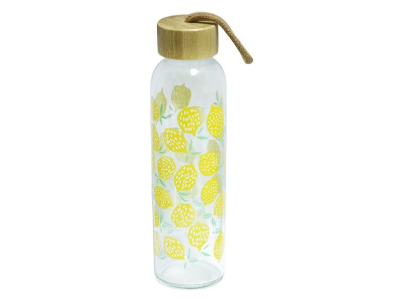Glass Water Bottle with Carrying Loop - Lemon Print - 500ml