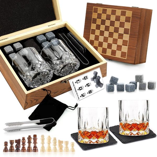 Whiskey Glasses Gift Set Chess Wooden Box for Men