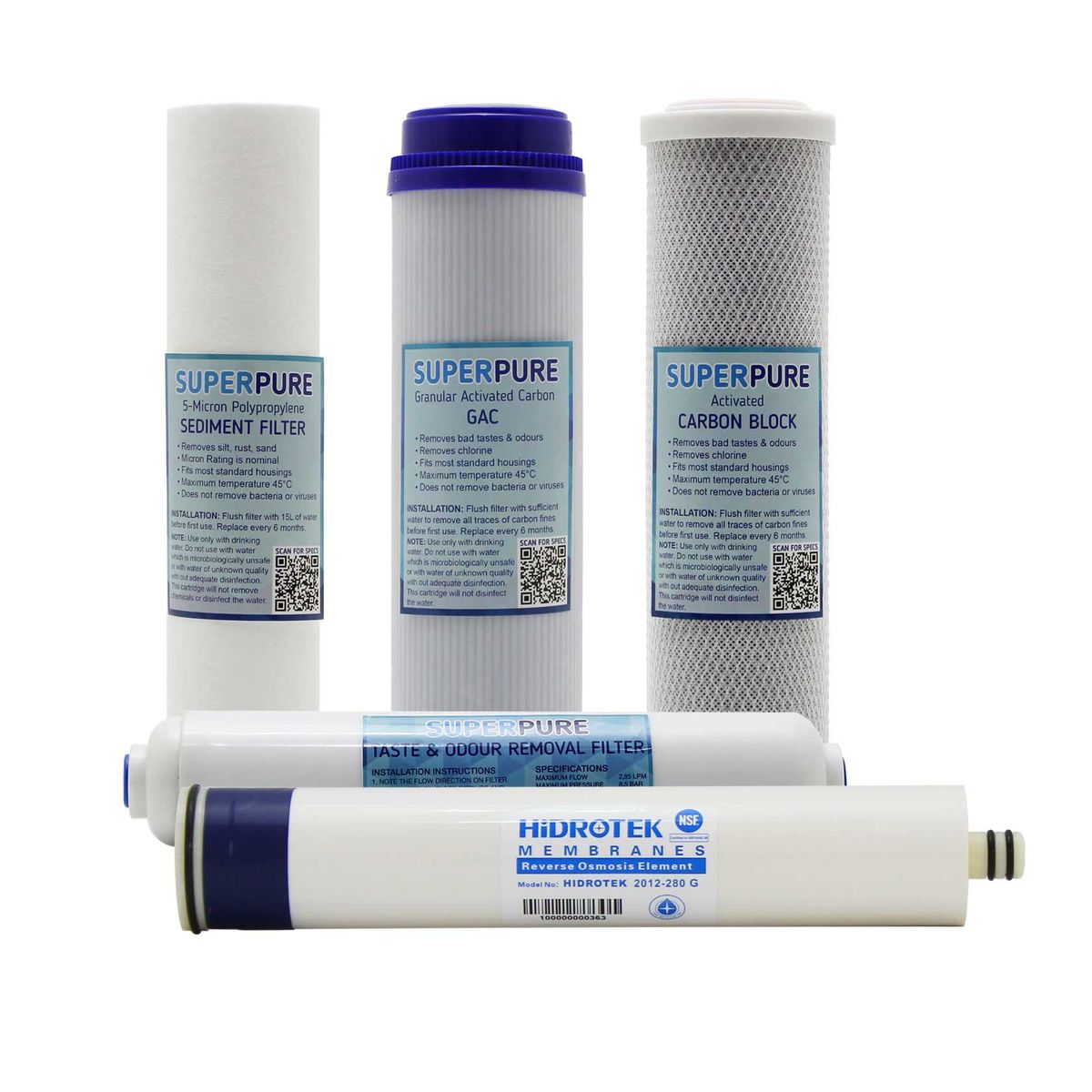 SUPERPURE 5 Stage Water Filter Replacement Cartridge set (incl RO ...