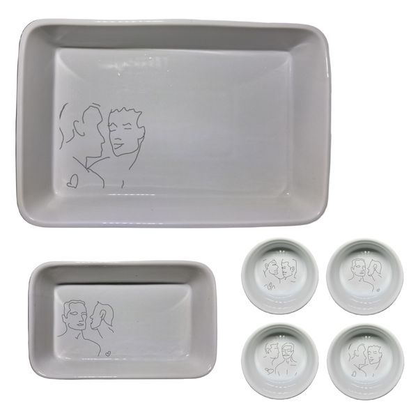 Visage Vignettes - 6 Piece White Dish Set with Hand Drawn Art